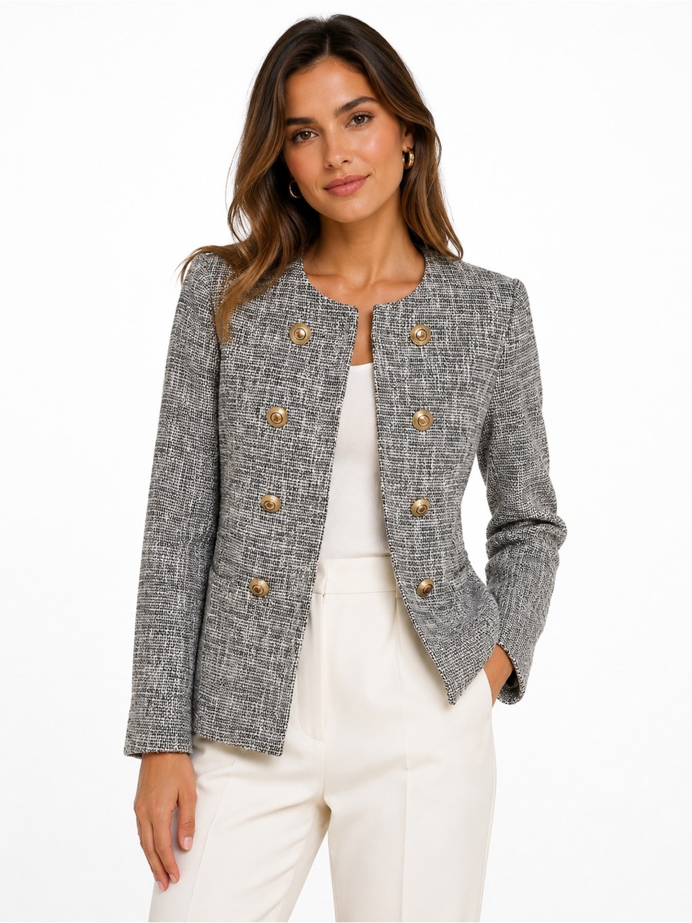 Zara Gray Tweed Blazer Jacket Size XS Gold Buttons Collarless Boucle Made in Mor